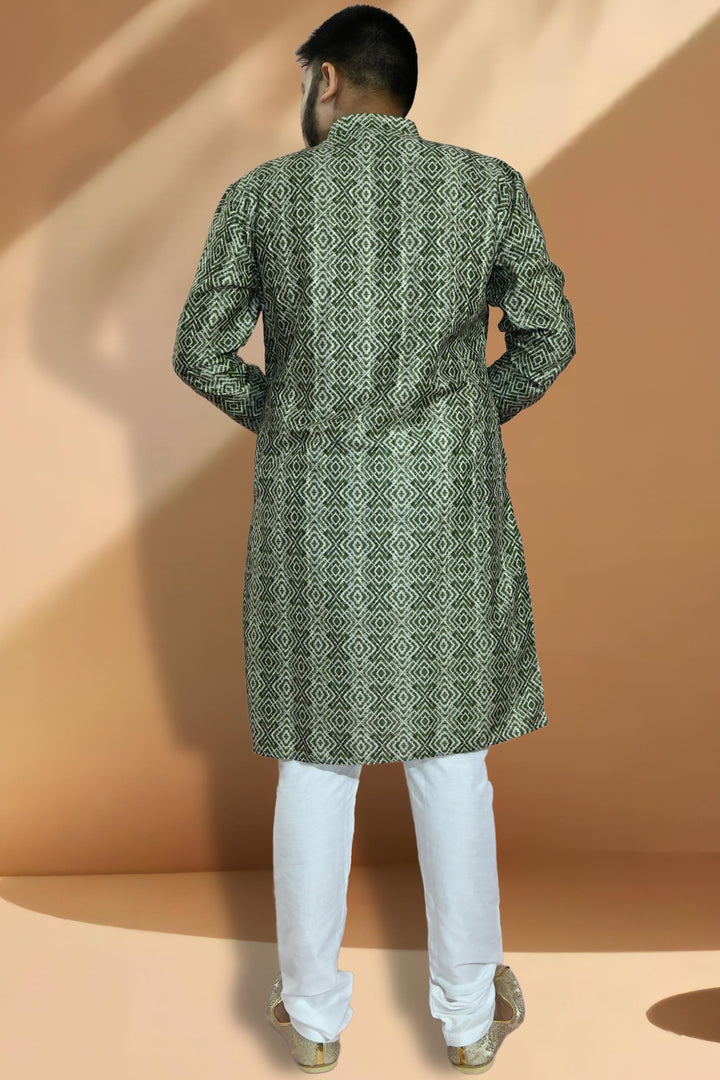 Jacquard Fabric Attractive Readymade Kurta Pyjama For Men In Green Color