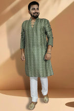 Load image into Gallery viewer, Jacquard Fabric Attractive Readymade Kurta Pyjama For Men In Green Color
