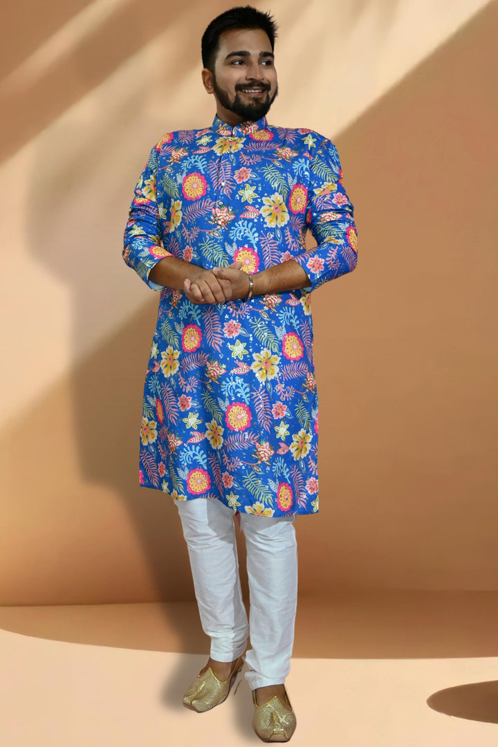 Blue Cotton Fabric Trendy Readymade Kurta Pyjama For Men