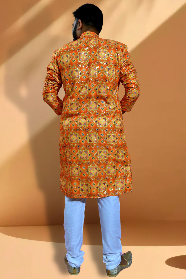 Pretty Cotton Fabric Readymade Men Kurta Pyjama In Orange Color
