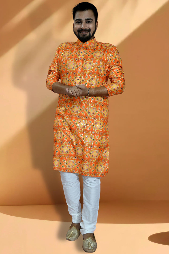 Pretty Cotton Fabric Readymade Men Kurta Pyjama In Orange Color