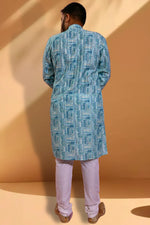 Load image into Gallery viewer, Beautiful Light Cyan Color Readymade Kurta Pyjama For Men In Jacquard Fabric

