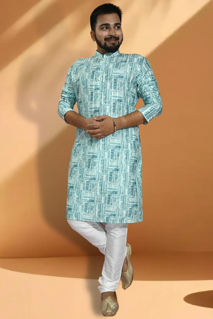 Beautiful Light Cyan Color Readymade Kurta Pyjama For Men In Jacquard Fabric