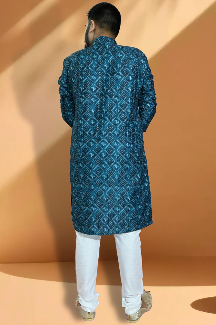 Teal Color Readymade Jacquard Fabric Kurta Pyjama For Men