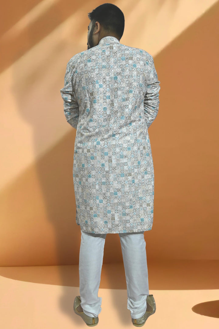 Cotton Fabric Readymade Cream Color Kurta Pyjama For Men