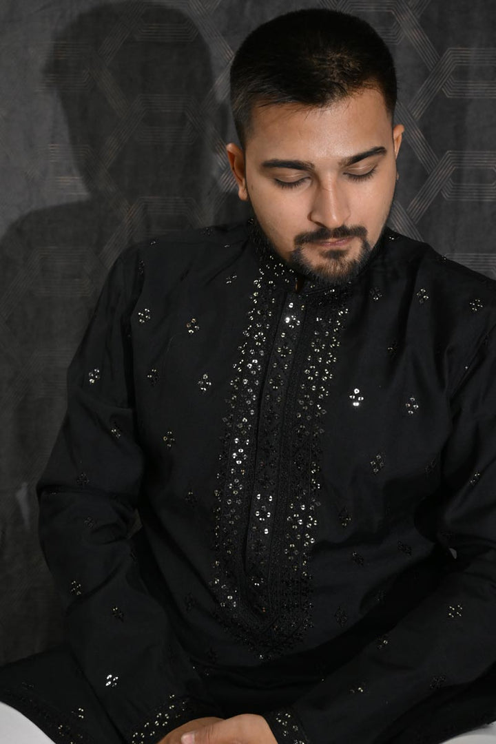 Black Color Sequins Embroidery Engaging Cotton Silk Fabric Festive Wear Readymade Kurta Pyjama For Men