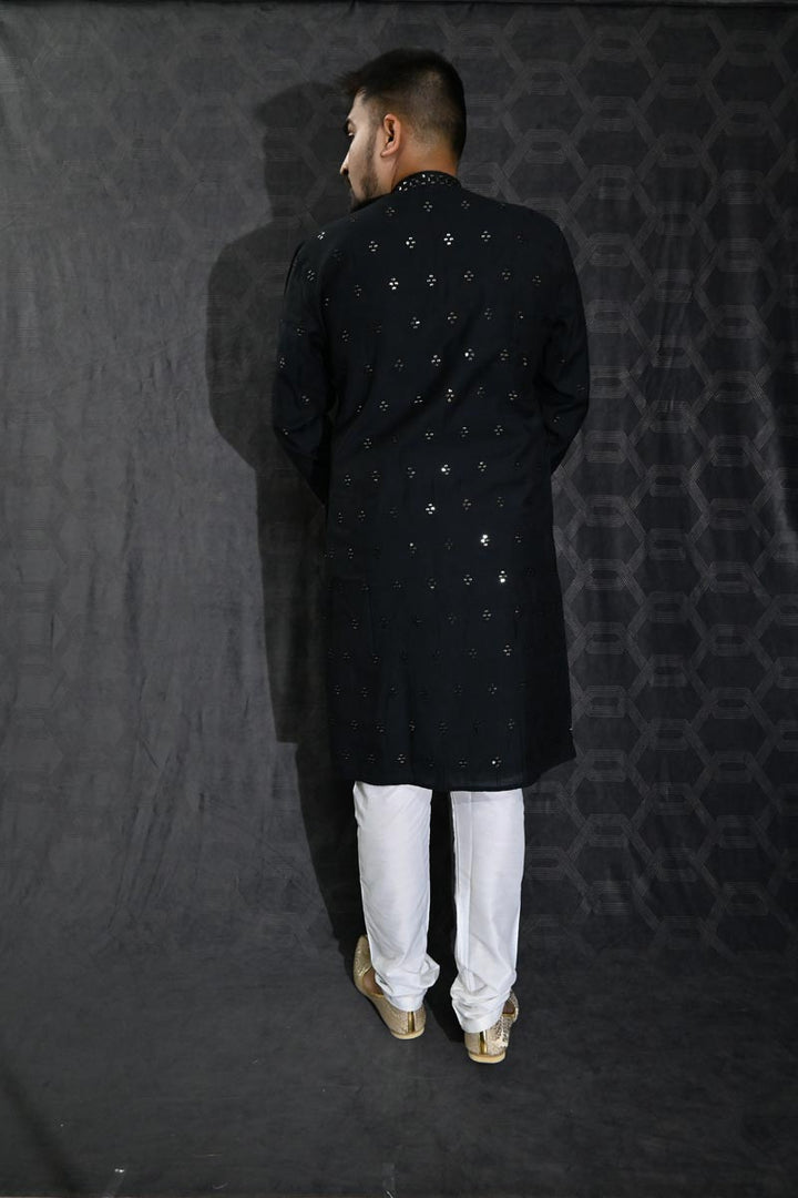 Black Color Sequins Embroidery Engaging Cotton Silk Fabric Festive Wear Readymade Kurta Pyjama For Men