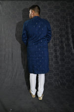 Load image into Gallery viewer, Sequins Embroidery Blue Color Gorgeous Art Silk Wedding Wear Readymade Kurta Pyjama For Men
