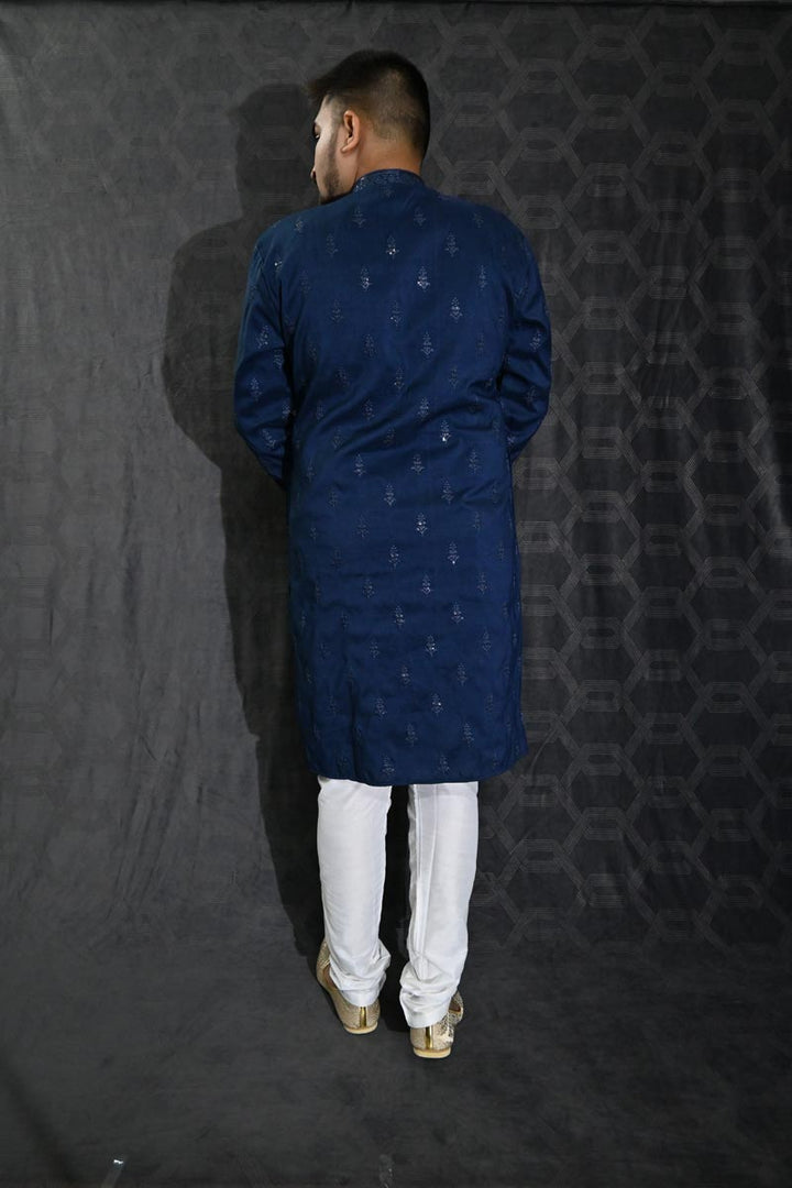 Sequins Embroidery Blue Color Gorgeous Art Silk Wedding Wear Readymade Kurta Pyjama For Men