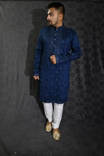 Load image into Gallery viewer, Sequins Embroidery Blue Color Gorgeous Art Silk Wedding Wear Readymade Kurta Pyjama For Men
