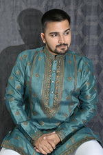 Load image into Gallery viewer, Beautiful Sequins Embroidery Art Silk Fabric Wedding Wear Readymade Kurta Pyjama For Men In Sea Green Color

