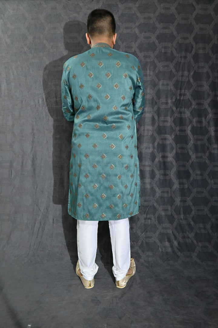 Beautiful Sequins Embroidery Art Silk Fabric Wedding Wear Readymade Kurta Pyjama For Men In Sea Green Color
