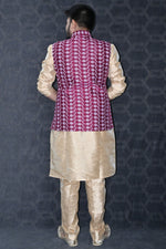 Load image into Gallery viewer, Art Silk Fabric Sangeet Wear Trendy Readymade Kurta Pyjama For Men With Maroon Color Jacket Set
