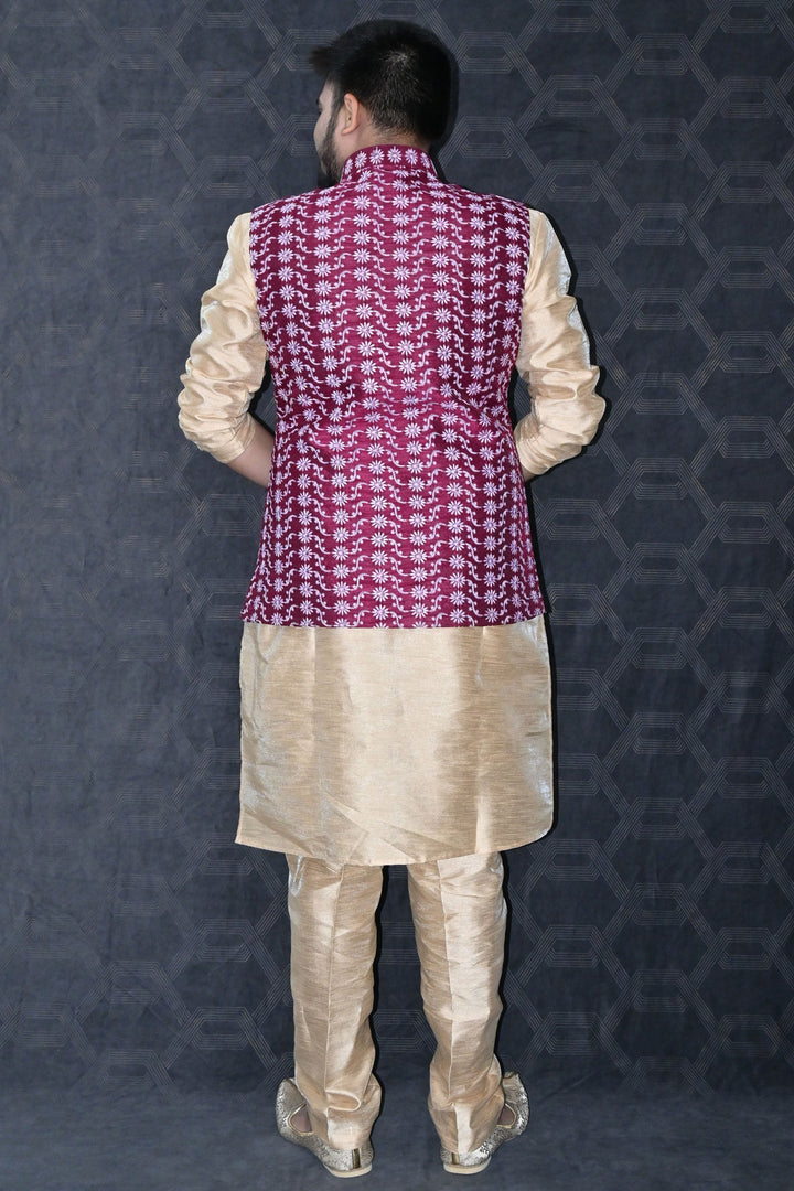 Art Silk Fabric Sangeet Wear Trendy Readymade Kurta Pyjama For Men With Maroon Color Jacket Set