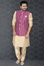 Load image into Gallery viewer, Art Silk Fabric Sangeet Wear Trendy Readymade Kurta Pyjama For Men With Maroon Color Jacket Set
