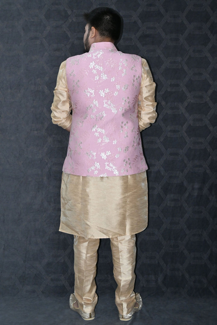Art Silk Wedding Wear Readymade Designer Men Kurta Pyjama With Pink Color Jacket