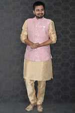 Load image into Gallery viewer, Art Silk Wedding Wear Readymade Designer Men Kurta Pyjama With Pink Color Jacket
