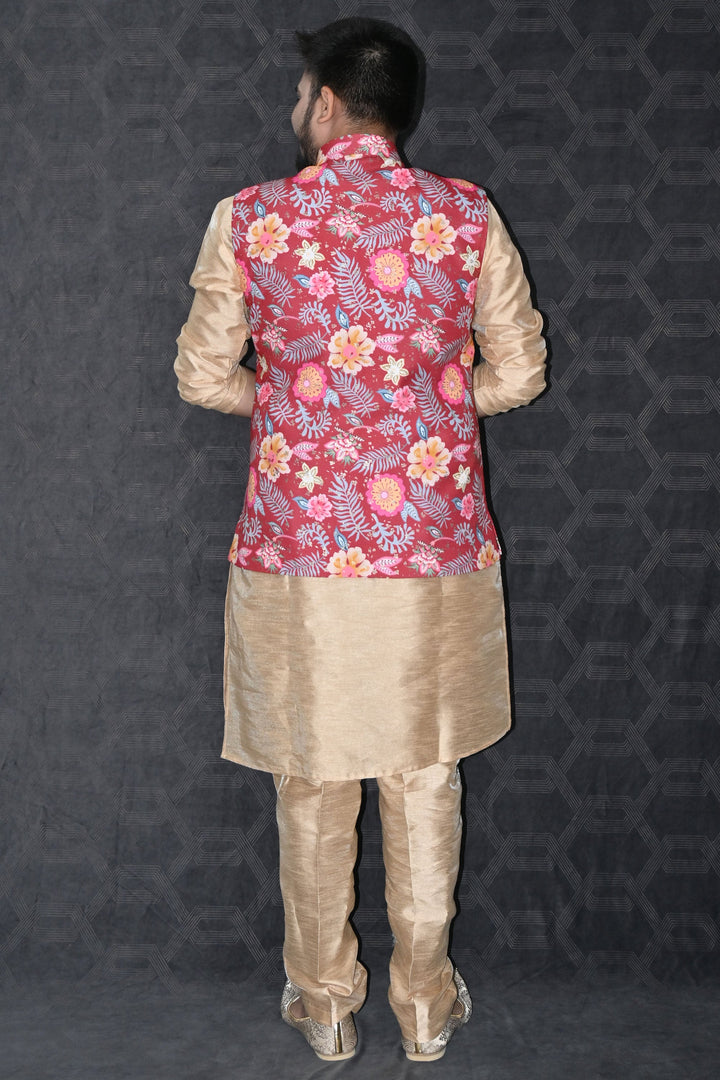 Art Silk Fabric Festive Wear Readymade Stunning Kurta Pyjama For Men With Red Color 3 Pcs Jacket Set