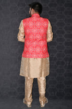 Load image into Gallery viewer, Sangeet Wear Readymade Lovely Art Silk Fabric Kurta Pyjama For Men With Red Color 3 Pcs Jacket Set
