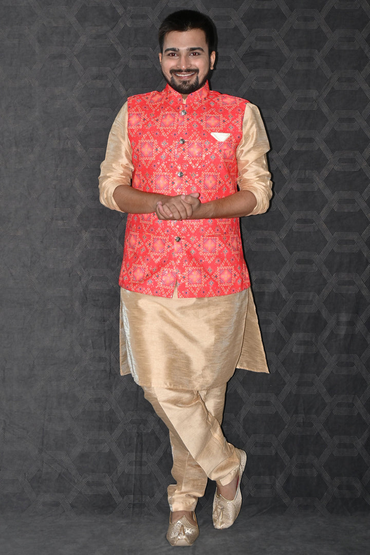Sangeet Wear Readymade Lovely Art Silk Fabric Kurta Pyjama For Men With Red Color 3 Pcs Jacket Set