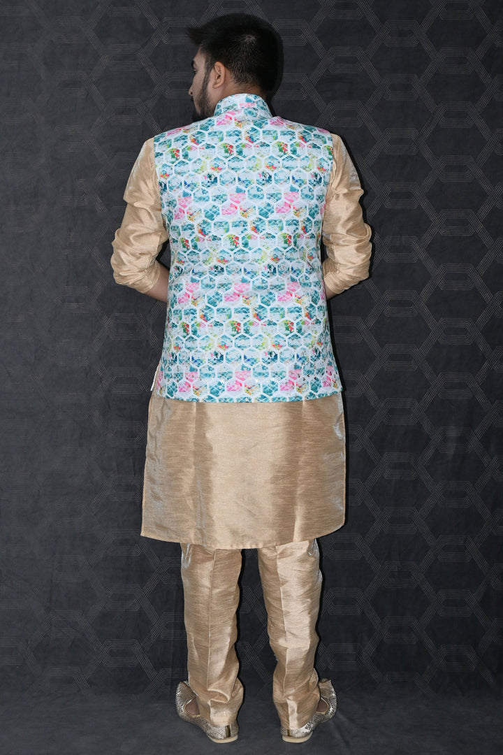 Art Silk Fabric Wedding Wear Readymade Pretty Kurta Pyjama For Men With Blue Color 3 Pcs Jacket Set