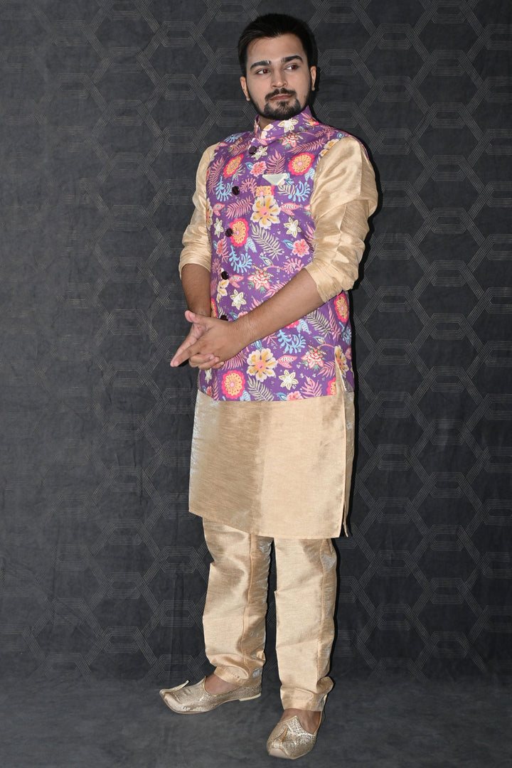Reception Wear Readymade Art Silk Fabric Beautiful Kurta Pyjama For Men With Purple Color 3 Pcs Jacket Set