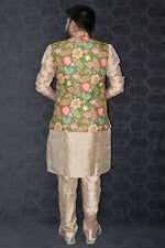 Load image into Gallery viewer, Moss Art Silk Fabric Readymade Men Kurta Pyjama Green Color Jacket Set
