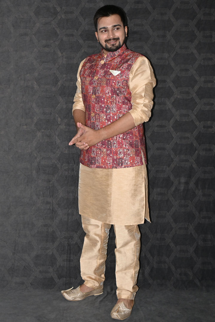 Men Ethnic Art Silk Readymade Kurta With Pyjama And Maroon Color Jacket