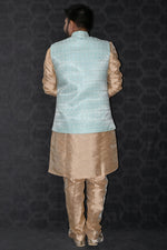 Load image into Gallery viewer, Art Silk Fabric Designer Readymade Long Kurta Pyjama With Blue Color Jacket
