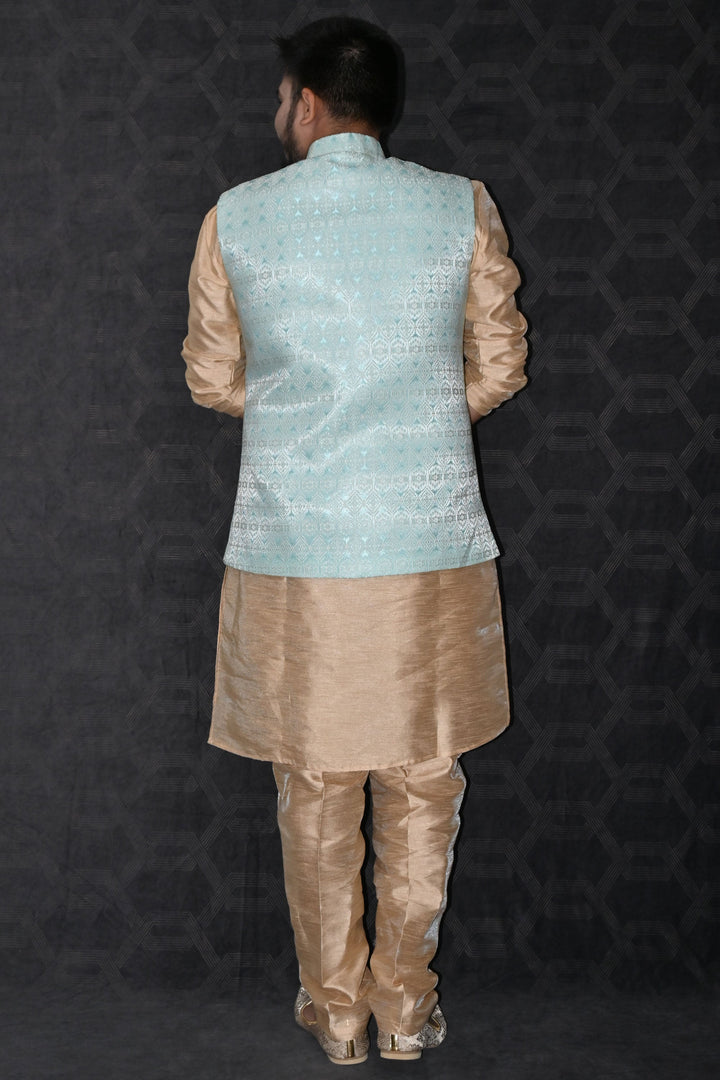 Art Silk Fabric Designer Readymade Long Kurta Pyjama With Blue Color Jacket