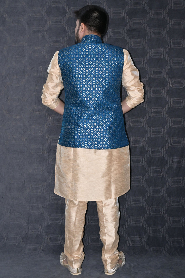 Art Silk Fabric Festive Wear Readymade Men Kurta Pyjama With Blue Color Stylish Jacket