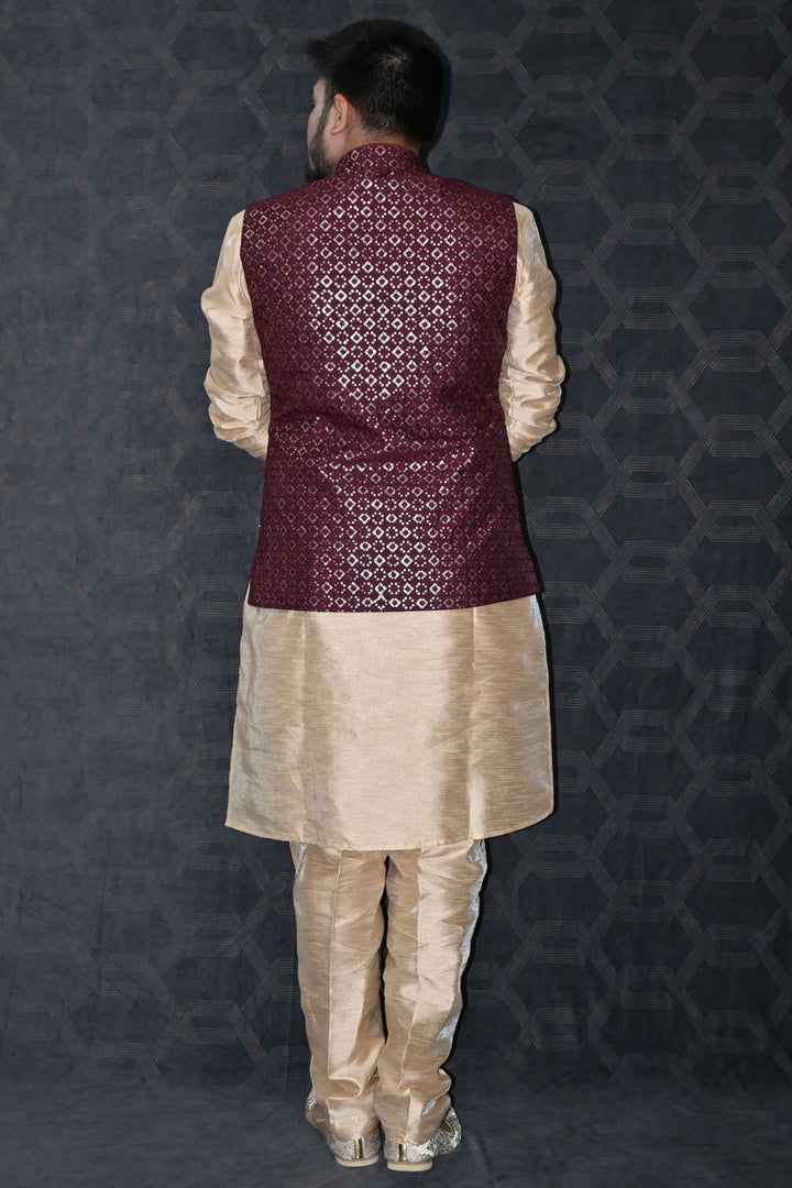 Art Silk Fabric Sangeet Wear Trendy Readymade Men Kurta Pyjama With Maroon Color Jacket