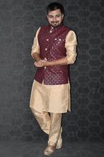 Load image into Gallery viewer, Art Silk Fabric Sangeet Wear Trendy Readymade Men Kurta Pyjama With Maroon Color Jacket
