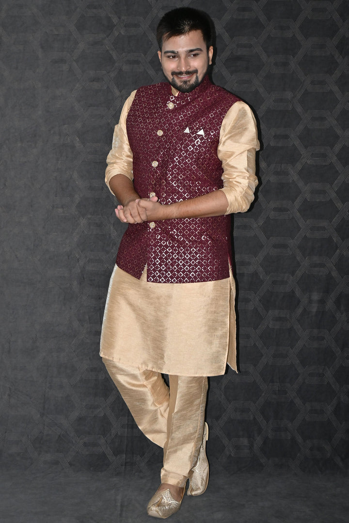 Art Silk Fabric Sangeet Wear Trendy Readymade Men Kurta Pyjama With Maroon Color Jacket