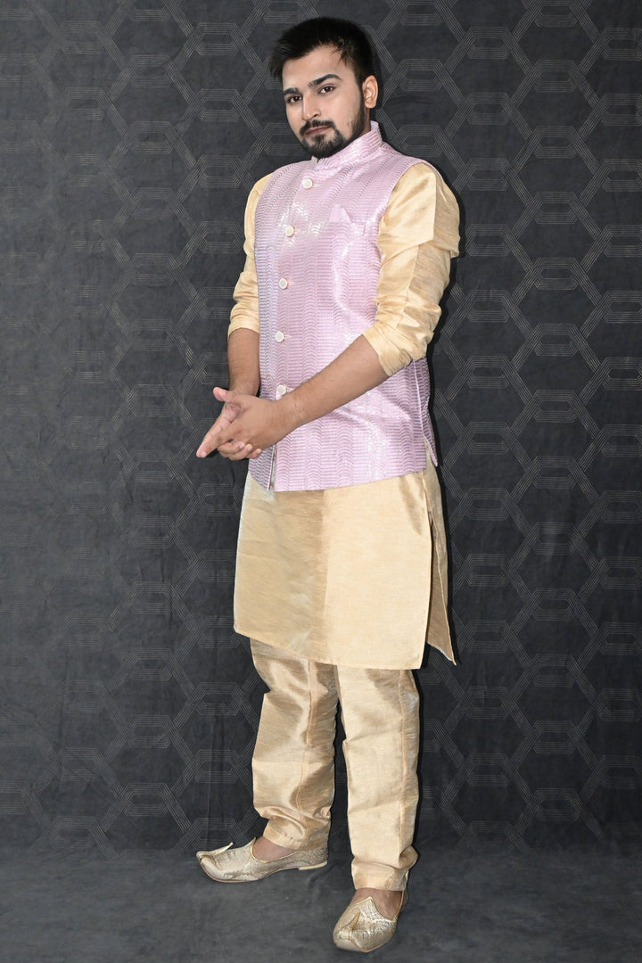 Fancy Art Silk Wedding Wear Readymade Designer Men Kurta Pyjama With Pink Color Jacket