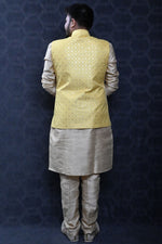Load image into Gallery viewer, Stunning Art Silk Sangeet Wear Readymade Men Kurta Pyjama With Yellow Color Jacket
