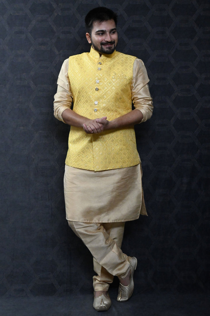 Stunning Art Silk Sangeet Wear Readymade Men Kurta Pyjama With Yellow Color Jacket