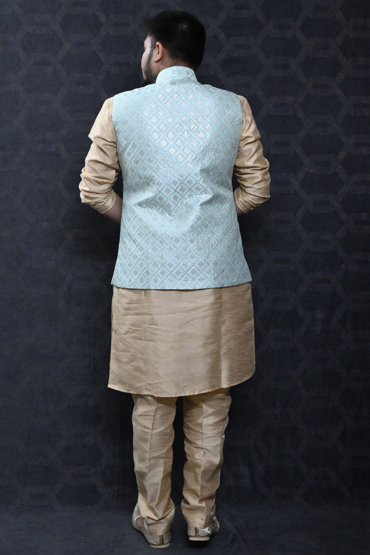 Function Wear Art Silk Fabric Readymade Lovely Men Kurta Pyjama With Blue Color Jacket
