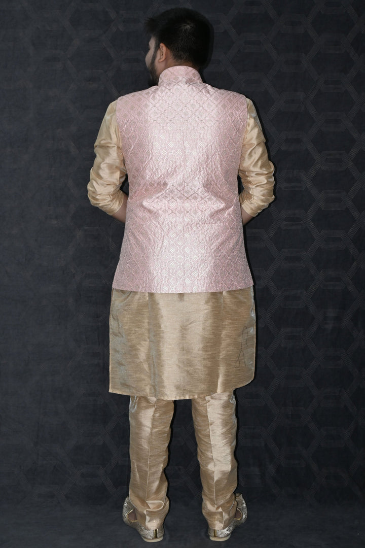 Art Silk Fabric Function Wear Readymade Men Kurta Pyjama With Pink Color Jacket