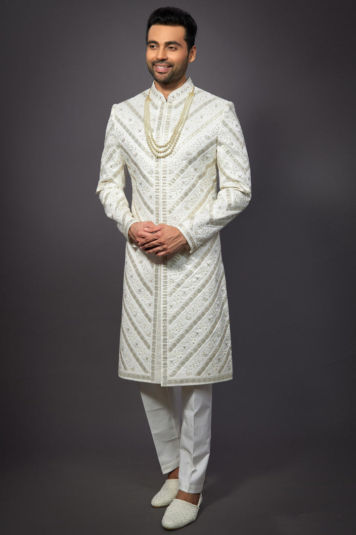 Silk Stunning White Color Wedding Wear Readymade Men Indo Western