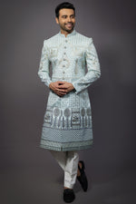 Load image into Gallery viewer, Silk Light Cyan Wedding Wear Readymade Lovely Indo Western For Men
