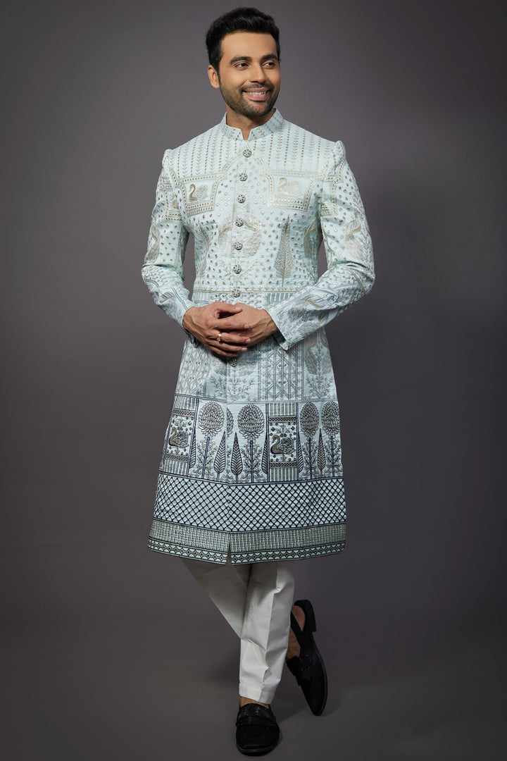 Silk Light Cyan Wedding Wear Readymade Lovely Indo Western For Men
