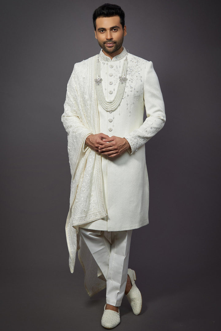 Wedding Wear Silk Fabric Readymade Men Groom Sherwani In White Color