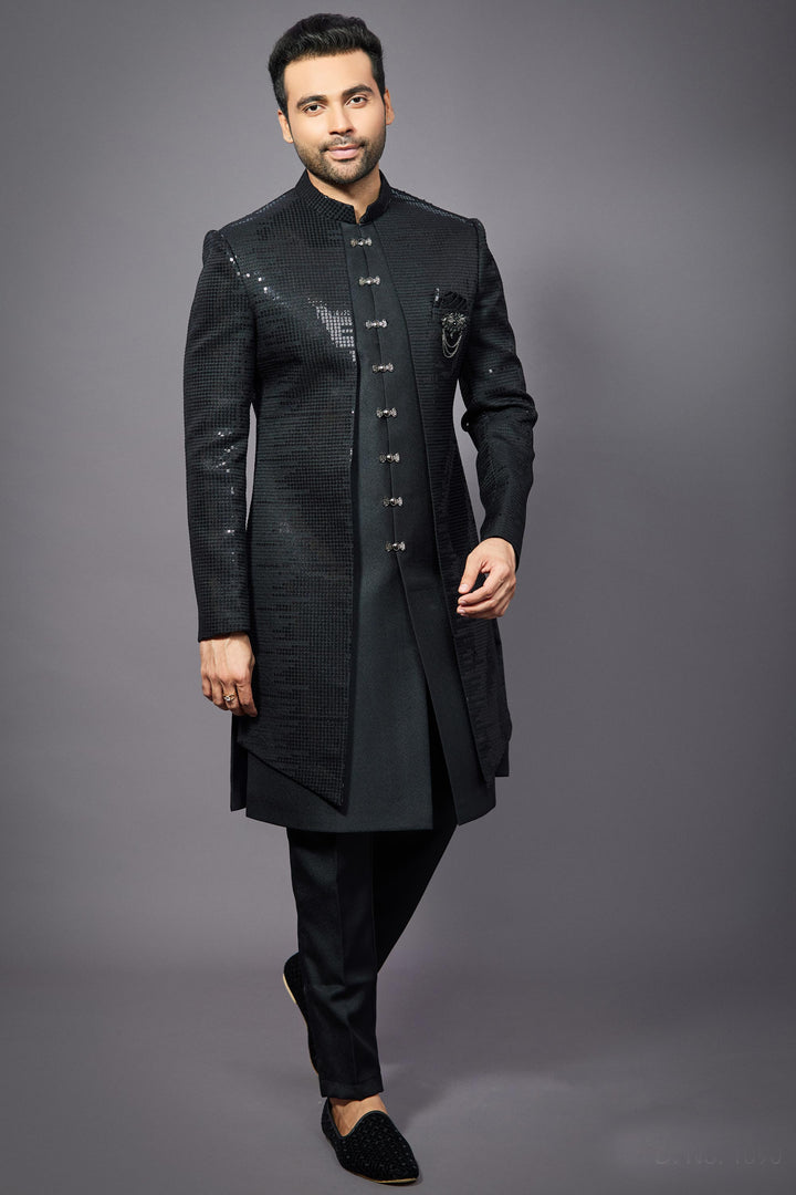 Black Silk Fabric Graceful Readymade Men Indo Western For Wedding Wear