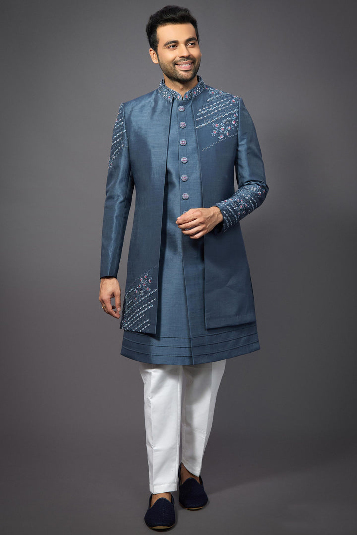 Blue Silk Fabric Magnificent Readymade Men Indo Western For Wedding Wear
