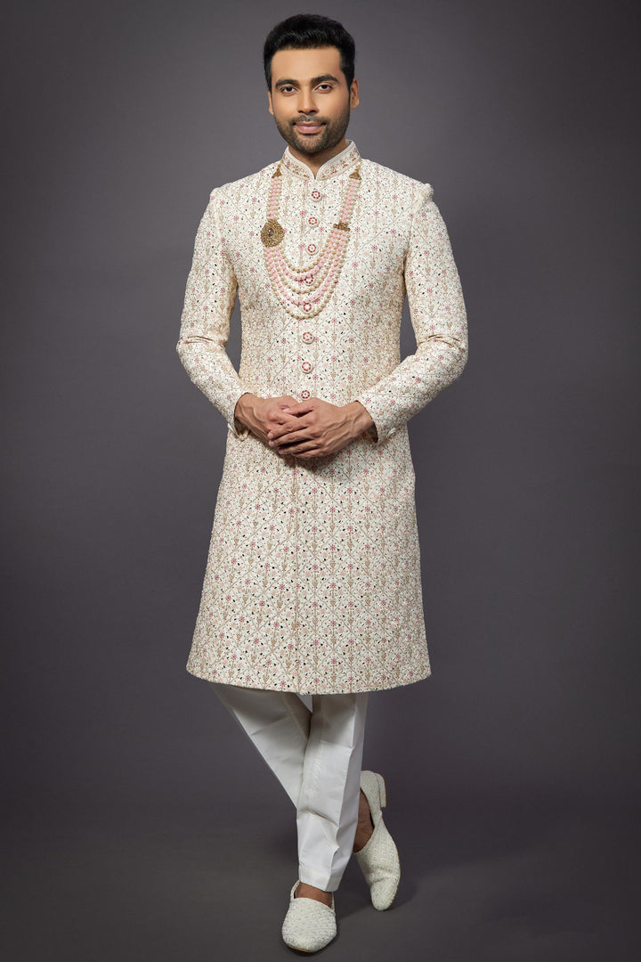 Silk Beige Magnificent Readymade Men Indo Western For Wedding Wear