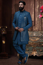 Load image into Gallery viewer, Blue Color Wedding Wear Silk Fabric Designer Readymade Indo Western For Men
