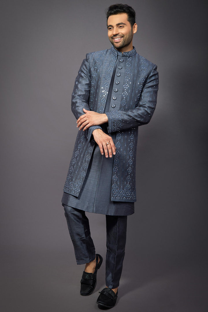 Silk Fabric Designer Wedding Wear Readymade Indo Western For Men In Grey Color