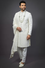 Load image into Gallery viewer, White Color Designer Silk Fabric Wedding Wear Readymade Groom Sherwani For Men
