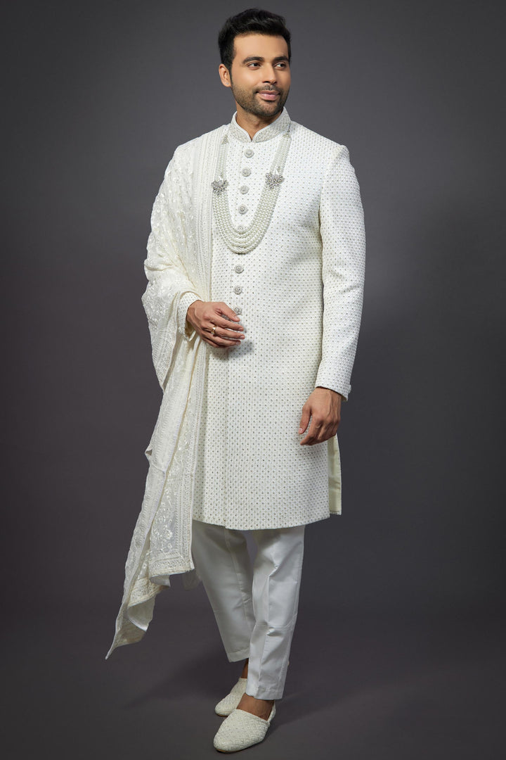 White Color Designer Silk Fabric Wedding Wear Readymade Groom Sherwani For Men